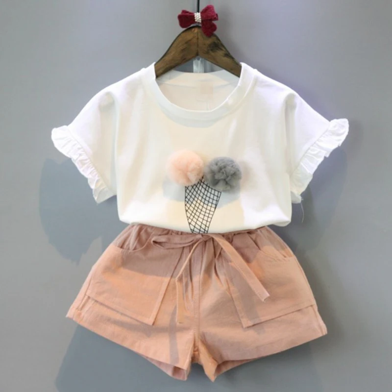 НОВЫЕ комплекты одежды для маленьких девочек Повседневный костюм с рисунком мороженого хлопковые комплекты одежды с круглым вырезом для девочек футболка с короткими рукавами и шорты, комплекты одежды