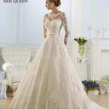 Бисероплетение Кружева Аппликации органзы свадебное платье es Sheer шеи Иллюзия мусульманских линия свадебное платье с длинным рукавом пояса с бантом w0009