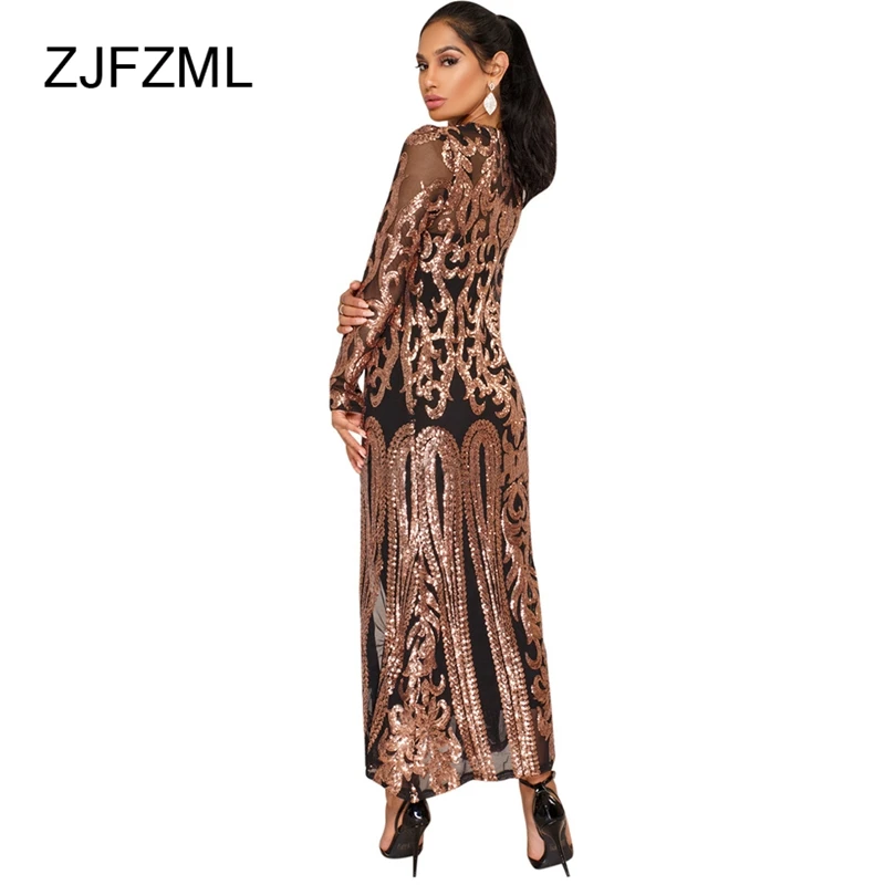 remarkable  ZJFZML Women Elegant Sequined Jacket Sexy Mesh See Through Long Coat Spring Autumn Full Sleeve Maxi