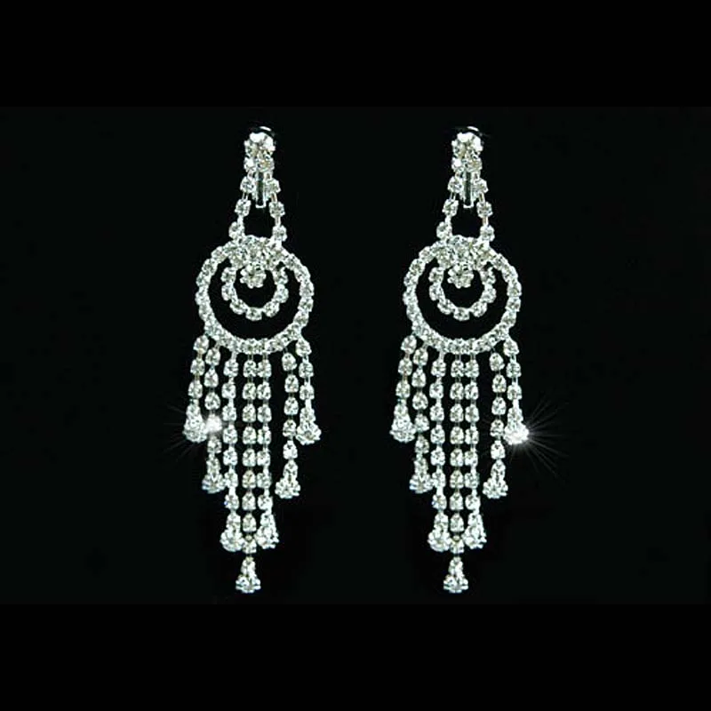 Queen Rhinestone Dangle Clip On Bridal Pageant Earrings Prom