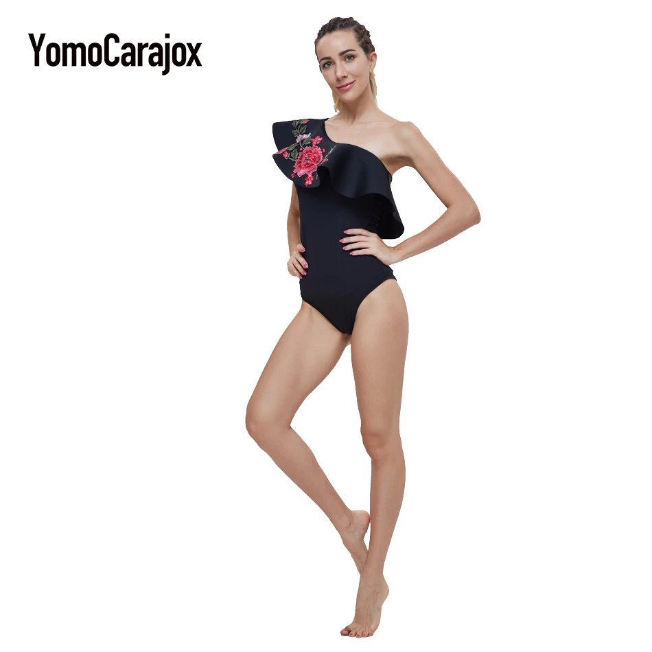 Women Swimwear One Piece Bikini Push Up Summer Sexy One Shoulder Off Beach Bathing Suit Floral Embroidery Flounce Swimsuit