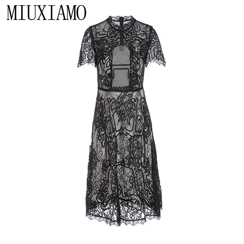 

MIUXIMAO 2019 New Fashion Runway Summer Dress Women's Retro Short Lace Embroidery Vintage Dress Women vestidos