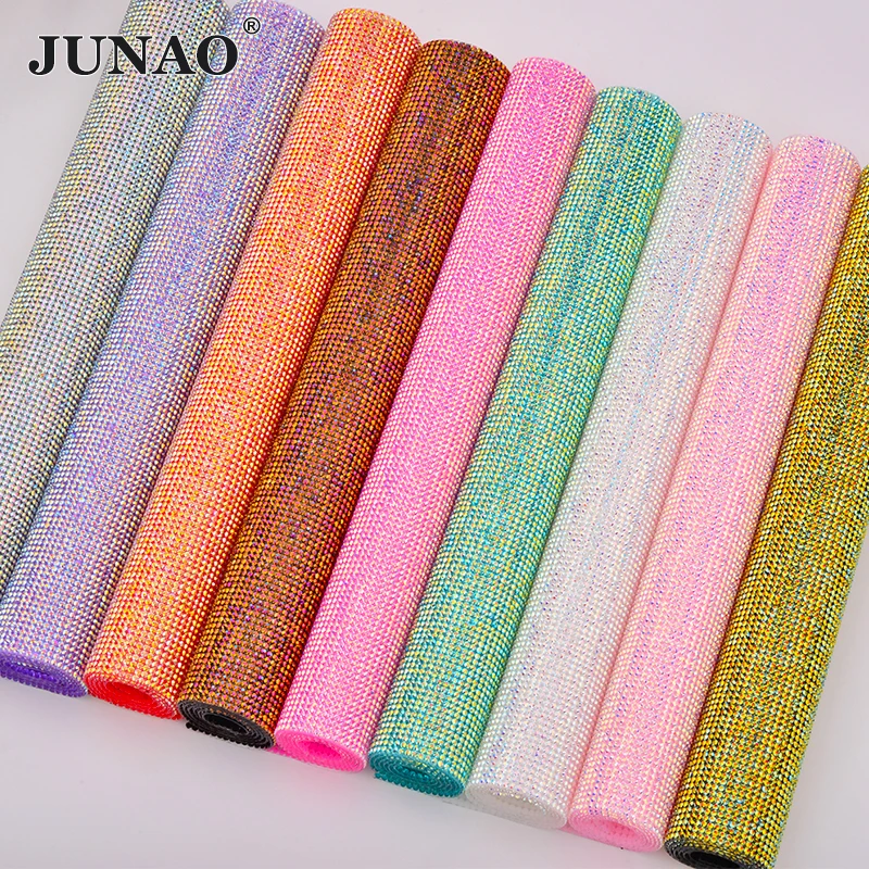 

JUNAO SS6 Hotfix Colorful AB Rhinestone Trim Crystal Fabric Sheet Diamond Mesh Strass Ribbon Resin Applique For DIY Decoration