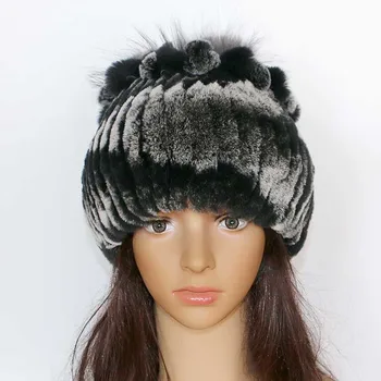 

New Women Winter Rex Rabbit Fur Hat Real Rabbit+Fox Fur Beanies fox fur flower top free size casual women's hat