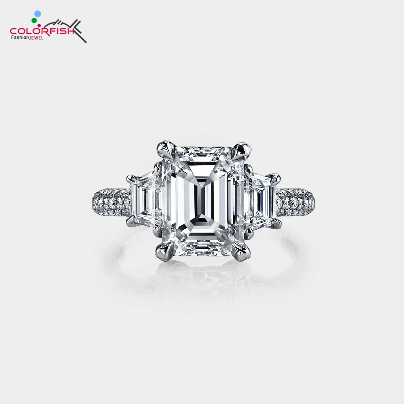 

COLORFISH Antique Prong Set Square Three Stone Engagement Ring Women Luxury 4 Carat SONA NSCD 925 Sterling Silver Female Ring
