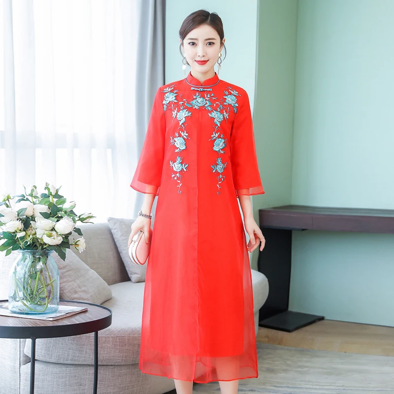 

Red Silk Dress Plus Size Large for Women Summer 2019 High Quality Embroidery Elegant Midi Robe Dresses Party Night Big Clothing