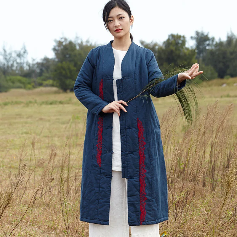 SCUWLINEN зимняя куртка женская китайский стиль винтажная вышивка Толстая теплая длинная льняная парка с хлопковой подкладкой S727 - Цвет: Blue