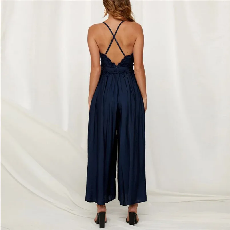 New Fashion Women Summer Sexy  Sleeveless V Neck Solid Ruffle Loose Sling Jumpsuit Elegant Lady Casual Bodysuits Playsuit #4R08 (6)