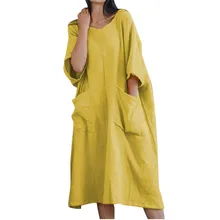 JAYCOSIN Женская одежда с О-образным вырезом и коротким рукавом, прямое платье, женское повседневное однотонное платье из хлопка и льна с двумя большими карманами