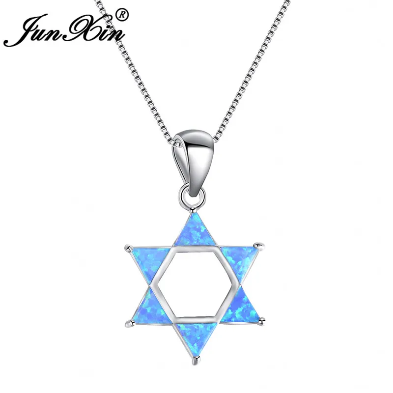 

JUNXIN Blue/White Fire Opal Star Pendant Necklace 925 Sterling Silver Filled Choker Necklace For Women Fashion Jewelry Best Gift