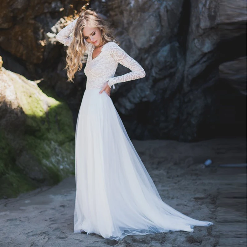 SOFUGE свадебное платье с длинными рукавами, кружевной топ, v-образный вырез, фатиновая юбка с открытой спиной, свадебное пляжное платье принцессы, бохо, платье невесты