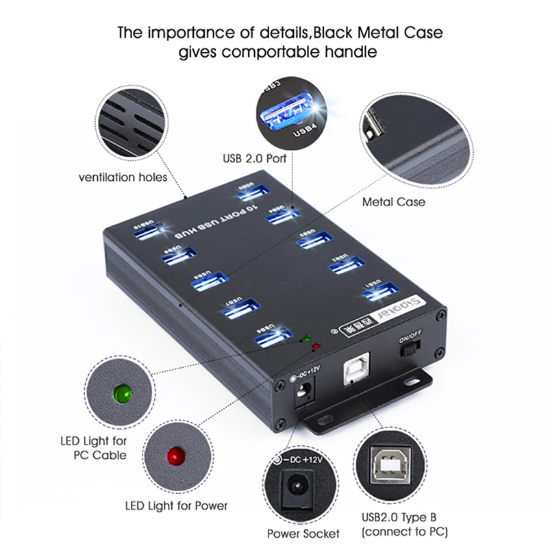 Sipolar металлический промышленный USB 2,0 концентратор 10 портов мощный usb-хаб для майнинга биткоина с адаптером питания 12V5A