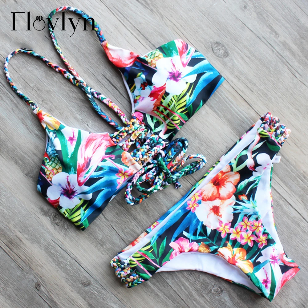 Floylyn Vintage Print Bandage Bikini Floral Swimsuit Retro Swimwear