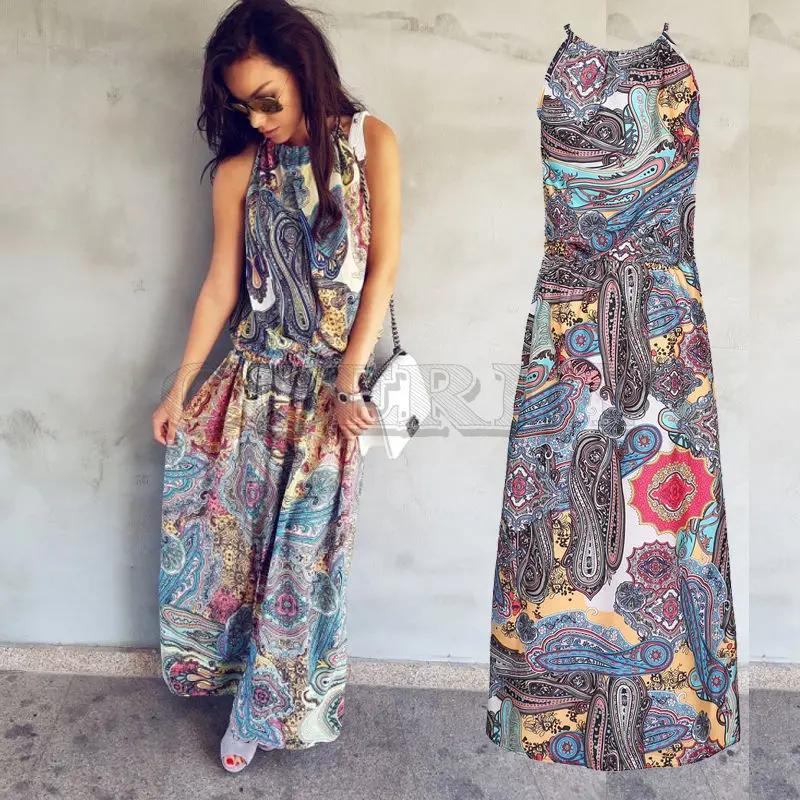 Image hirigin Multicolor Floral Print Button Split Front Flare Beach Wear Boho Maxi Dress Women Short Sleeve halter Long Dress