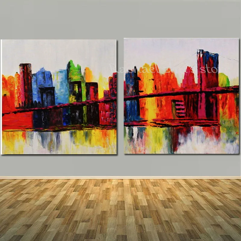 

Modern Hand Painted Abstract City Building 2 Panles Oil Paintings On Canvas Abatract Wall Picturers For Living Room Home Decor