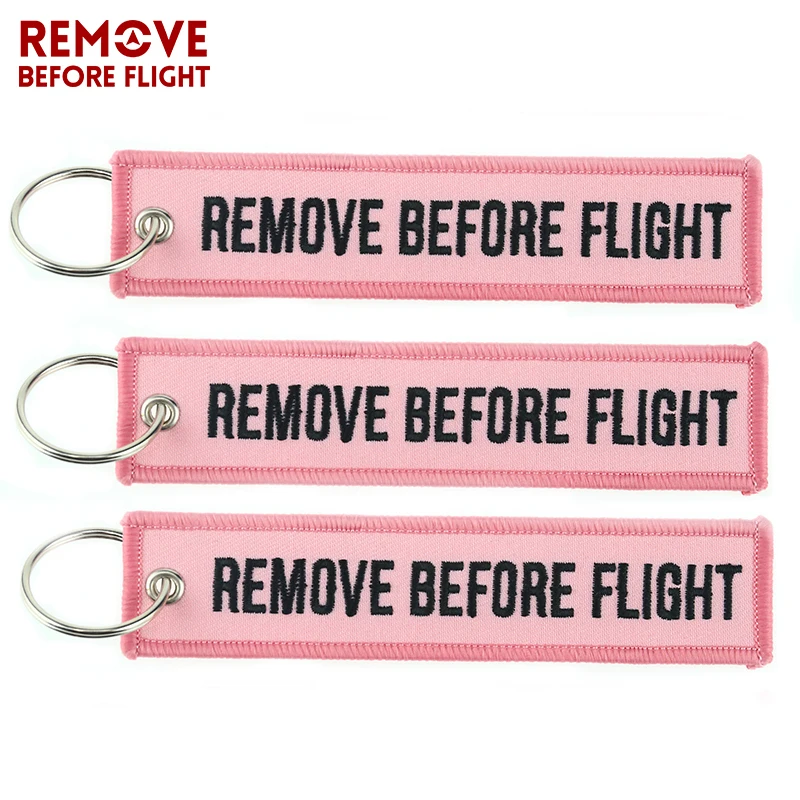 5PCS REMOVE BEFORE FLIGHT Key Chain Safety Tags for Cars Motorcycles Keyring Pink Embroidery Fashion Keychain Key Fob chaveiro
