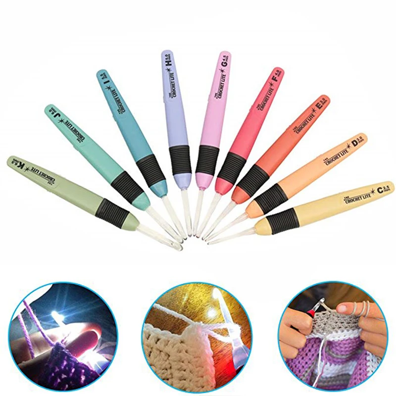 

9Pcs LED Crochet Hook Set Yarn Weave 2.5mm-6.5mm Knitting Needle Multicolour Hooks Light Up Knitting Needles Weave Sewing Tool