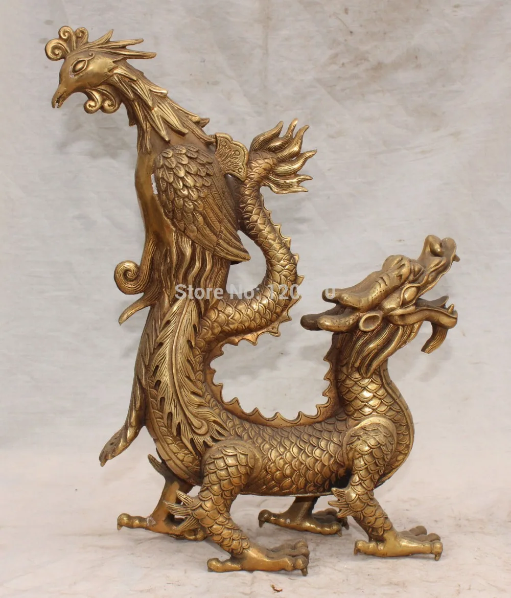 

15" Chinese Bronze Fengshui Emperor Royalty Lucky Dragon Phoenix Sculpture statue