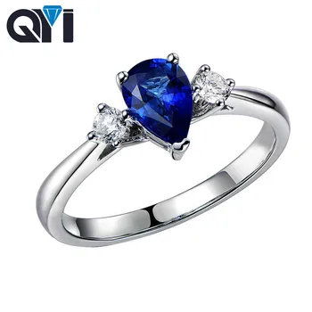 

QYI 1ct 925 Sterling Silver Simulated Sapphire Three Stone Engagement Rings Pear Cut Blue Sona Stone Jewelry Women Wedding Rings