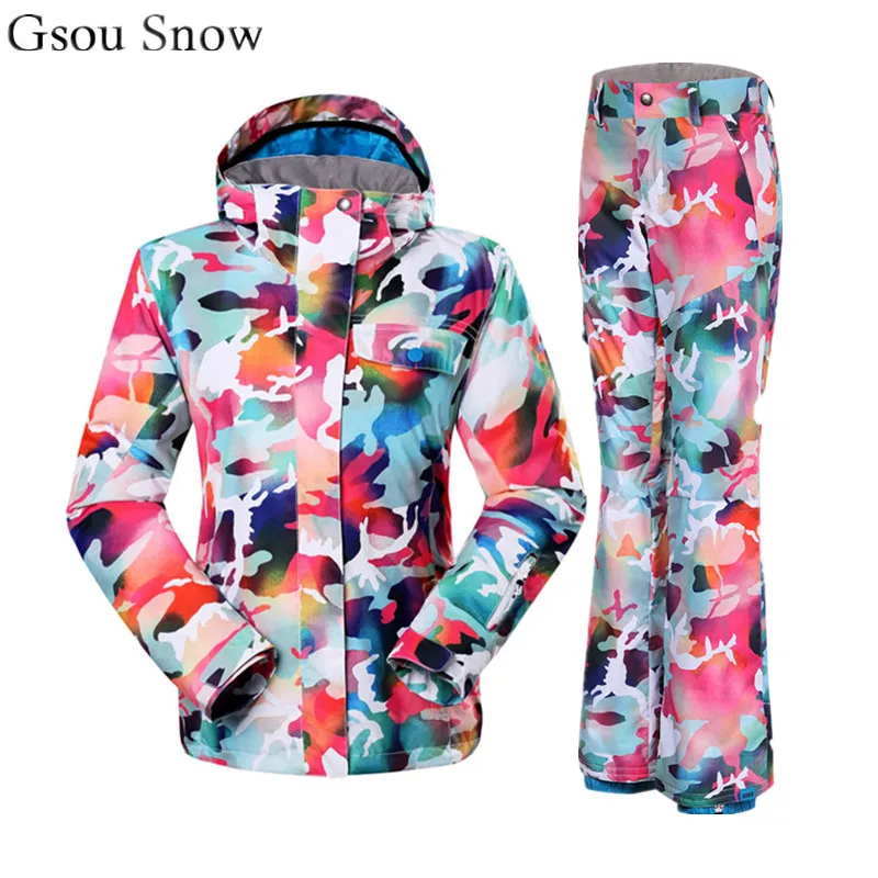 Gsou Snow Colorful ski suit female cool snowboard jacket and pant women mountain skiing set veste pantalon ski femme