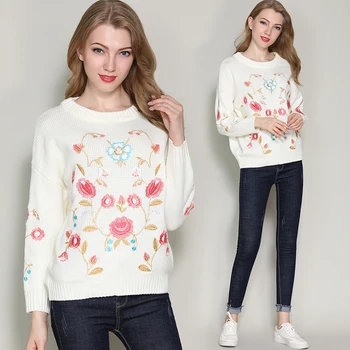 

2019 Runway Designer Flower Embroidery Sweater Women Casual Knitted Sweaters And Pullovers Autumn Winter Pull Femme Camisolas
