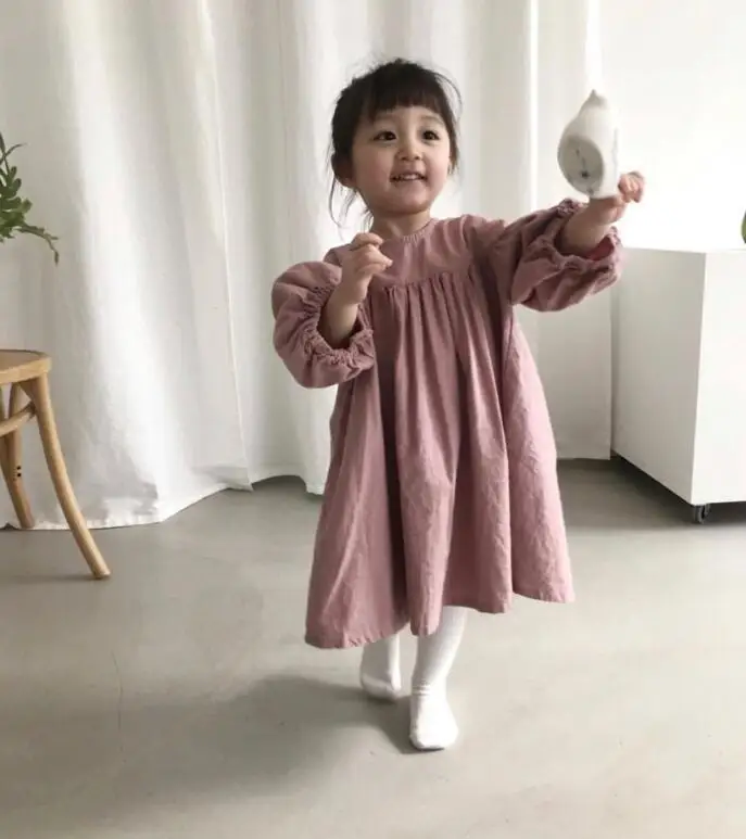 Autumn Girls Cotton and Linen Lantern Sleeves A Line Princess Dresses Toddler Children Cotton Long Length Ruch Causal Dress