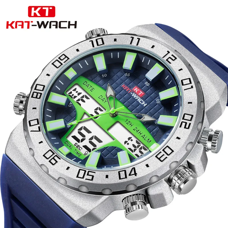 

KAT-WACH Men Watch Waterproof Dual Time Big Size 52mm Matt Silver Watch Japanese Movement Rubber Band Hand Watch Erkek Saat
