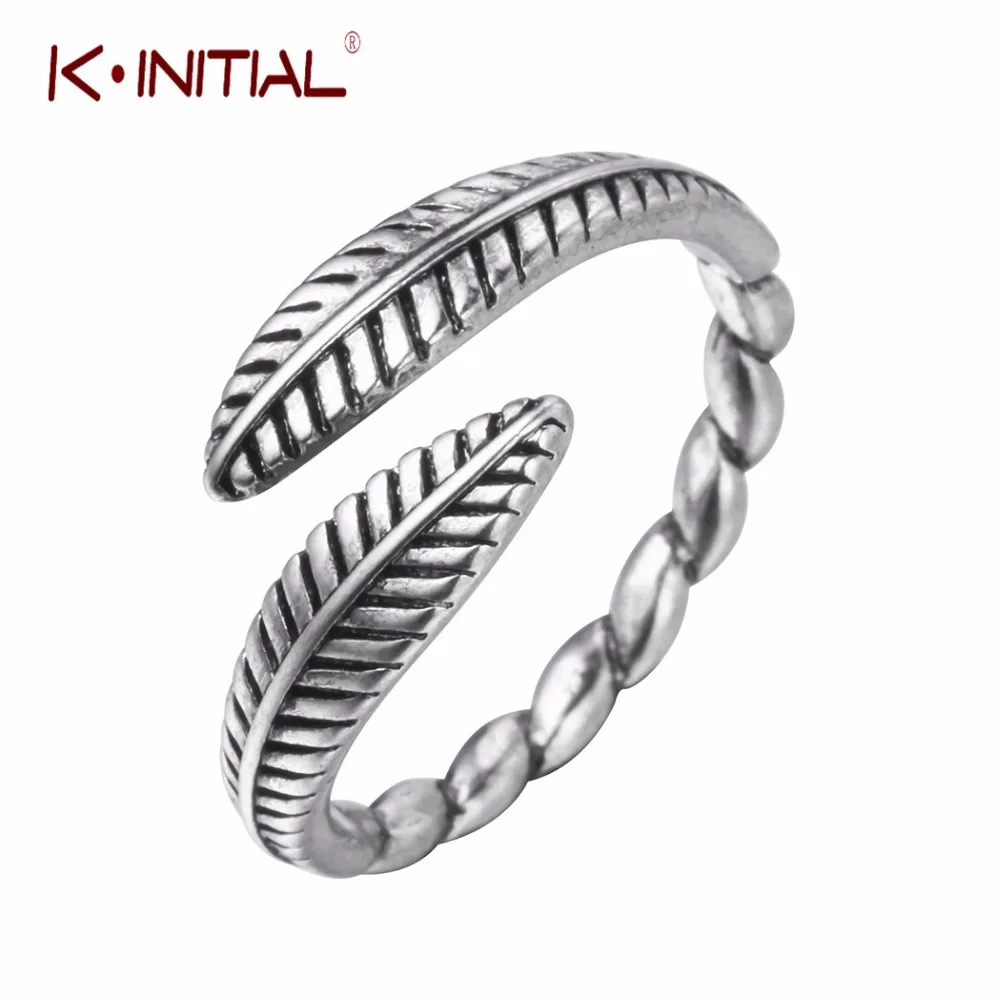 

Kinitial 2017 New Leaf Rings Vintage 925 Sterling Sliver Feather In Both Ends Handmade Adjustable Opening Leaves Rings Jewelry