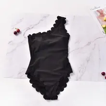 Женский винтажный сдельный купальник с зубчатой отделкой на одно плечо, бикини, купальный костюм, сплошной черный, с низкой спинкой, с подкладкой, монокини, для плавания