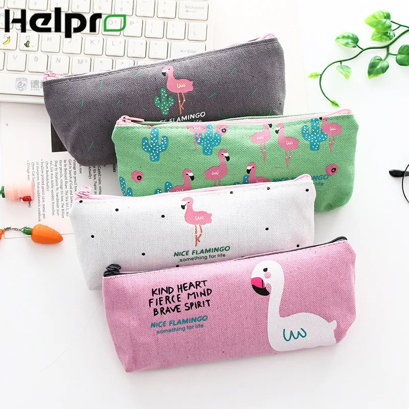 

Helpro Kawaii Flamingo Pencil Cases School Office Pencil Bags Stationery Supplies Canvas Material Pen Box High Capacity