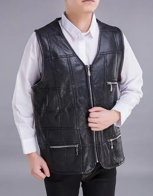 

Fashion Men Vests Sleeveless Leather Fur Splice Waistcoat Men's Cardigan Leisure Vest Mens Coats Tops Jackets Big Size Outerwear