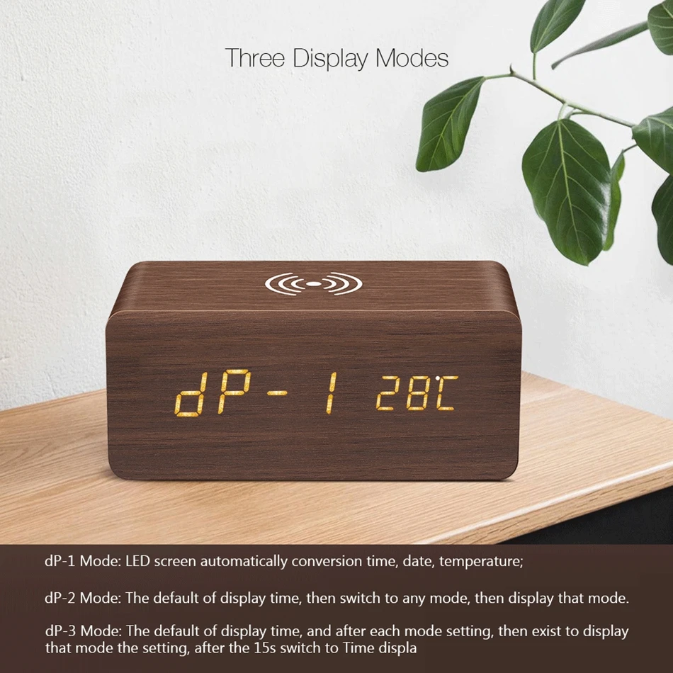 Digoo DG-AC80 Wireless charging Wooden Clock Tempreture Weather Station LED Display Voice Control Alarm Clocks for Smartphone