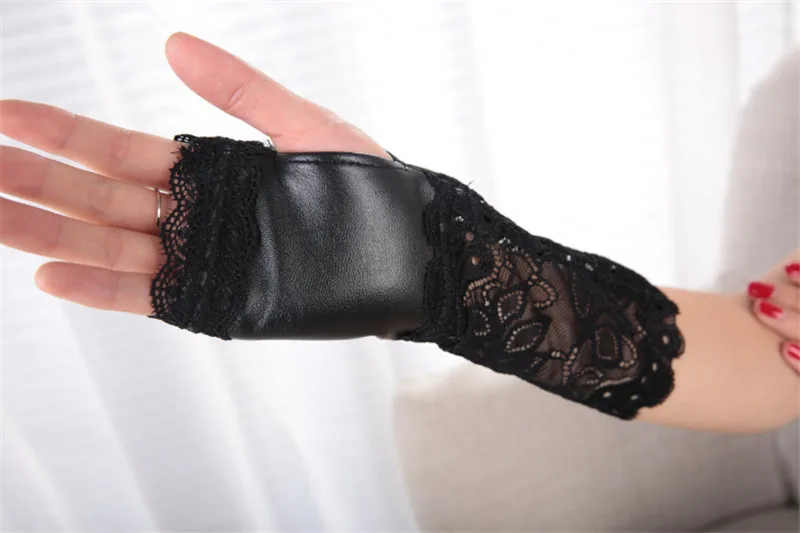 Женские перчатки из искусственной кожи, сексуальные черные кружевные лоскутные зимние теплые перчатки, женские перчатки без пальцев, Длинные Накладные рукава, Guantes Mujer