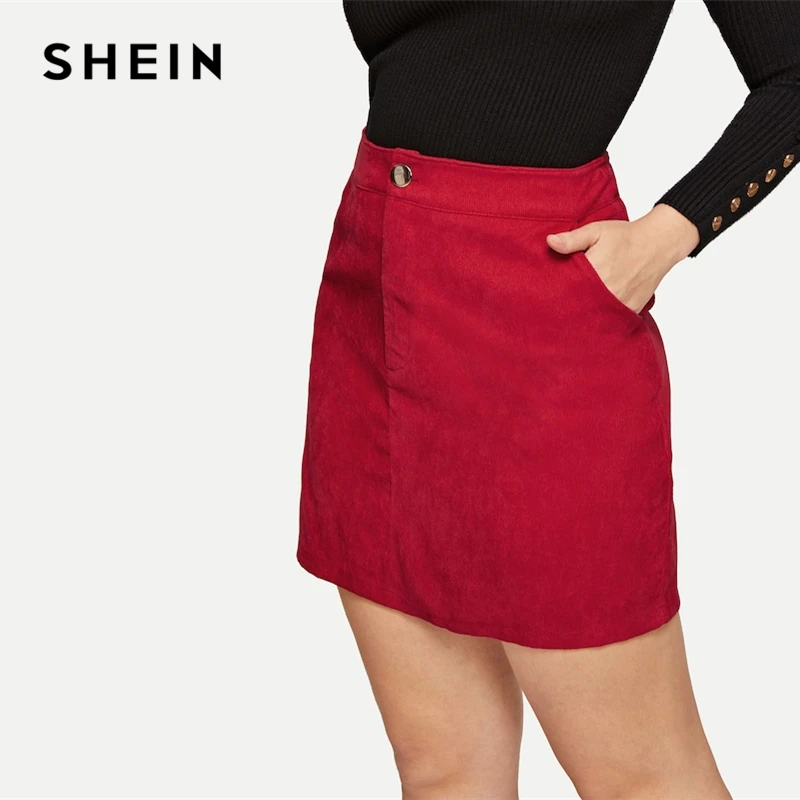 SHEIN Red Pocket Patched Solid Cord Skirt Women Plus Size Elegant