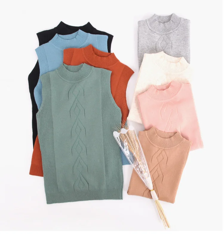 Ciel kaki rose pu Manches Sans army Rouge Beige noir corail Hiver Automne Gilets Femmes Modis Roulé Pull Mince Tricoté gris Green Col Pour De Femme Tricot Gilet En 2018 Femelle FB16qxqw