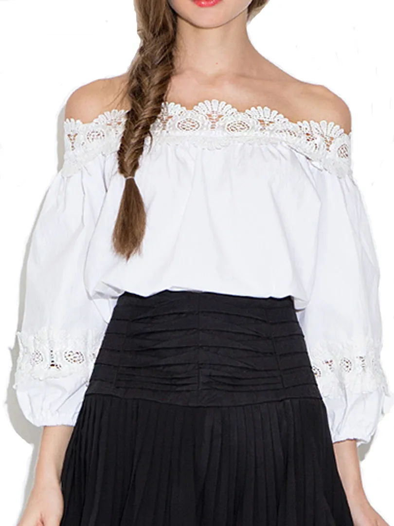 Sexy White Off The Shoulder Crochet Lace Trim Puff Sleeve Loose Blouse