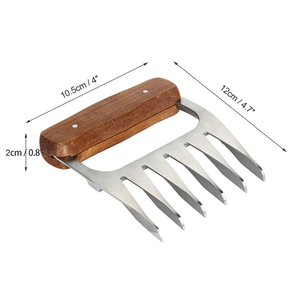 2 Pcs Wooden Handle Stainless Steel Bear Meat Claws Barbecue Fork Tongs Pull Meat Shred Roasting Fork BBQ Set Tool