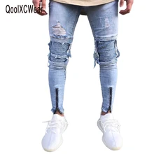 Qoolxcwear marca designer fino ajuste rasgado calças de brim dos homens oi-rua angustiado denim corredores na altura do joelho buracos lavados jeans destruídos