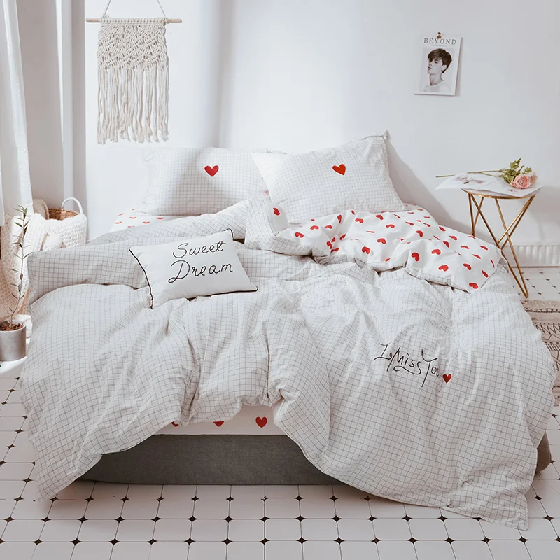 

Letters and heart embroidery and print bedlinens Washed Cotton Twin Queen King size bedding Sets Pillowcases duvet cover set