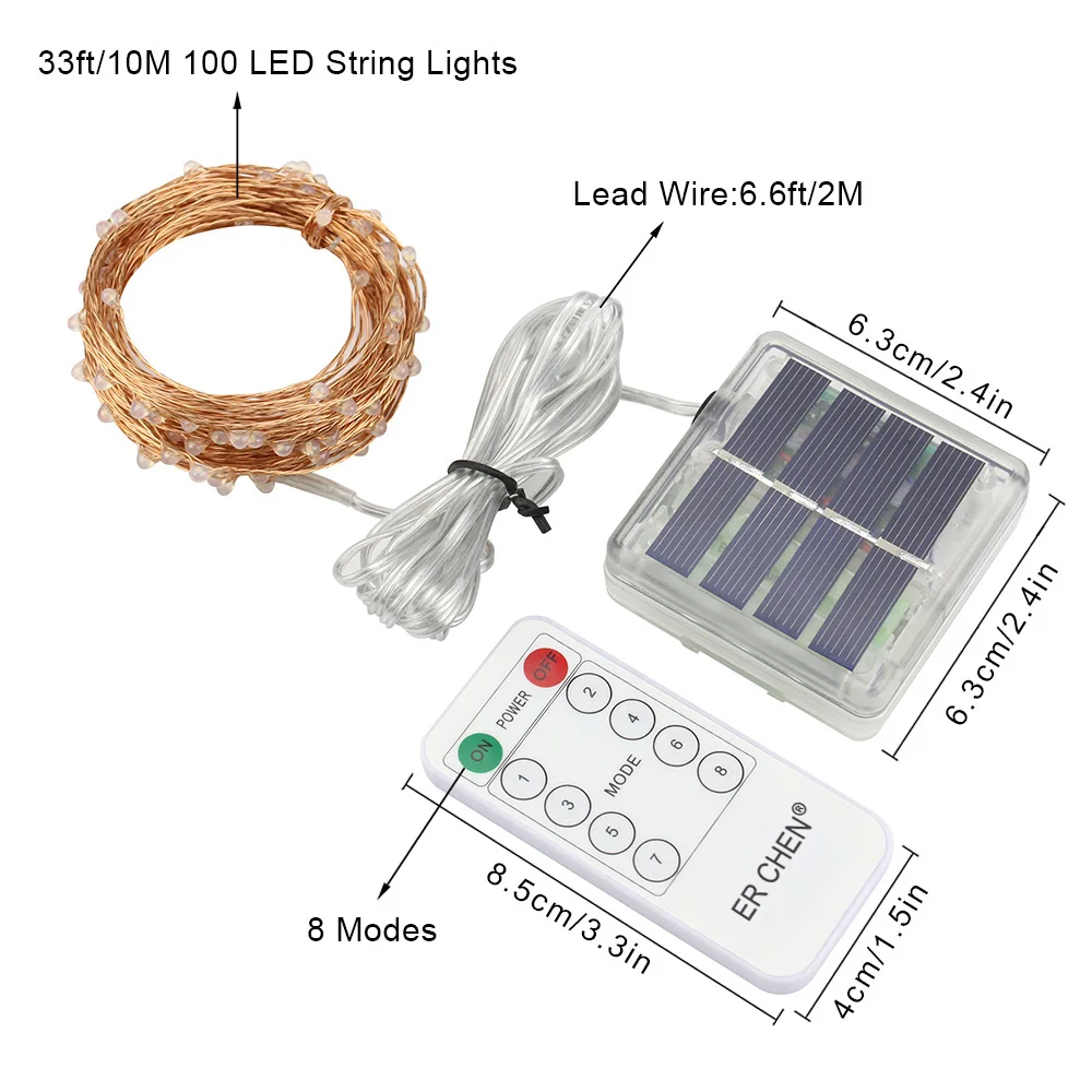 Ruichen светодиодная гирлянда на солнечных батареях с дистанционным управлением, 33 фута 100 светодиодов, медный провод, водонепроницаемая, 8 режимов, сказочные огни для Рождества