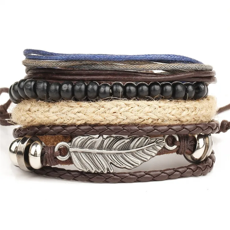

YIZIZAI 1 Set 4PCS leather bracelet Men's multi-layer bead bracelet women's retro punk casual men's jewelry bracelet jewelry