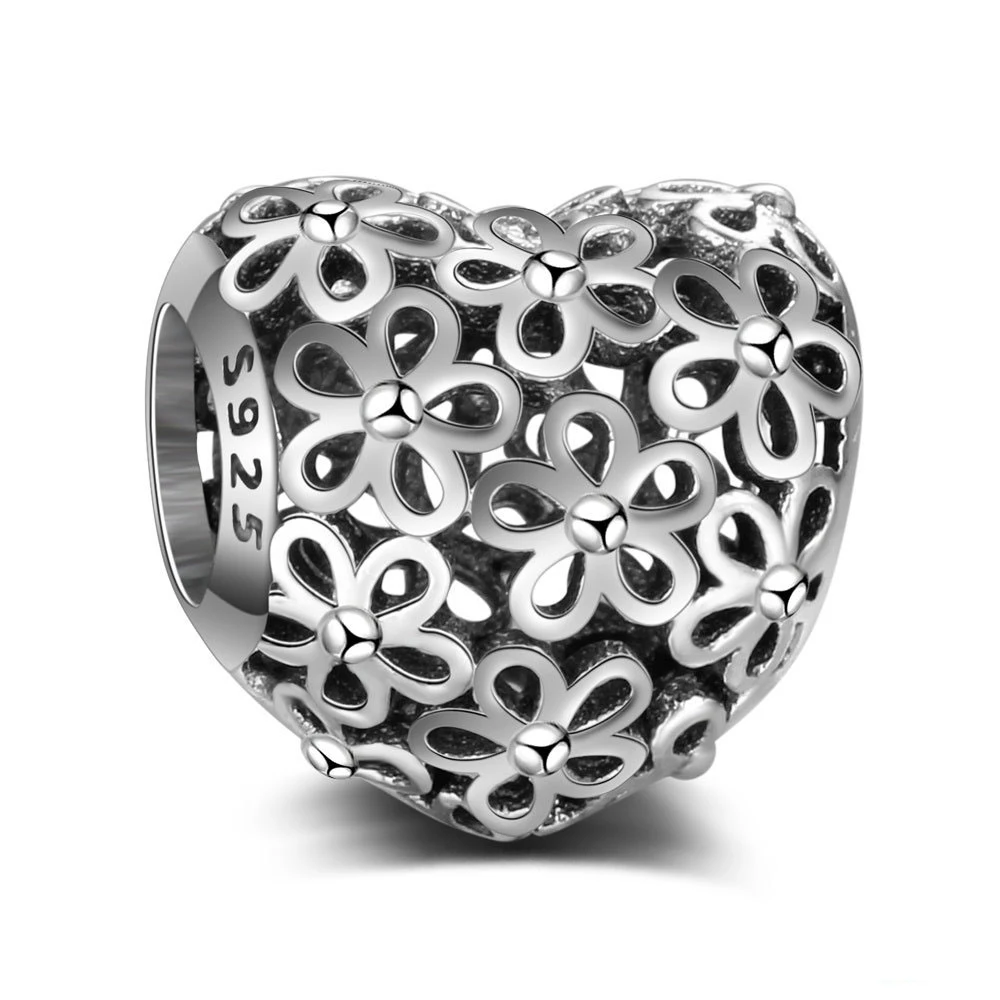 

ZMZY Pure Original 925 Sterling Silver Charms Heart Flower Floral Beads Fits Pandora Bracelets Women Jewelry Making Gift