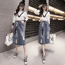 Весенние корейские повседневные женские юбки до середины икры с завышенной талией женские джинсовые юбки средней длины с отверстиями Высокая талия Xxxxxl