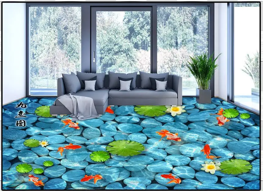 

Custon 3d wallpaper 3d flooring wallpaper 3d super clear floor painting moonlight lotus nine fish figure bedroom home decoration