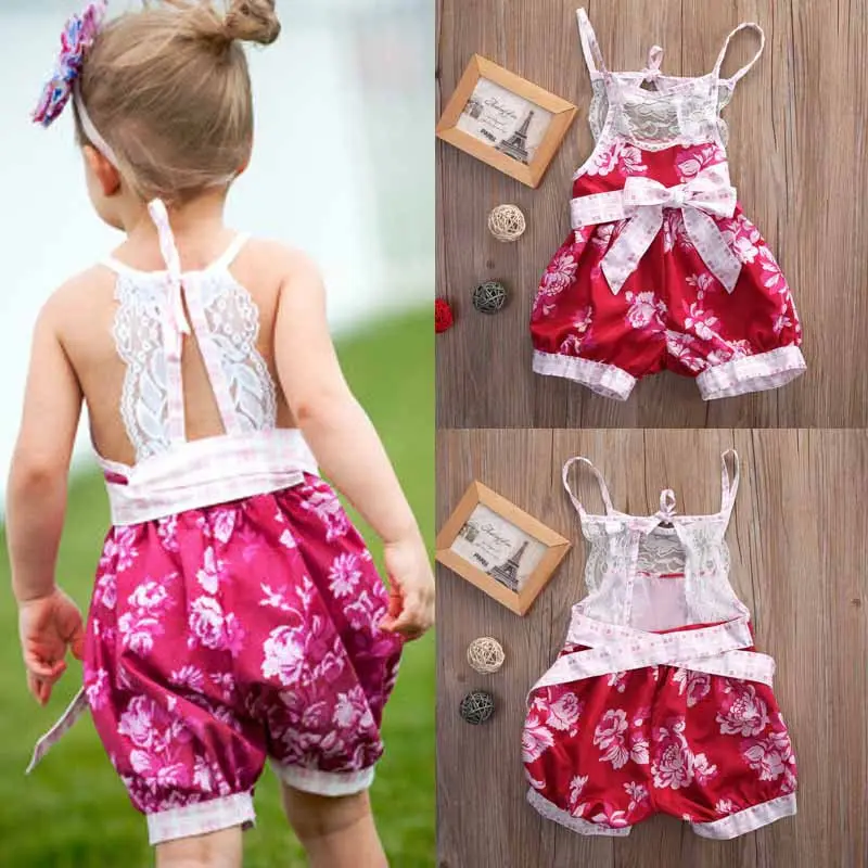

Infant Kids Baby Girl Clothing Floral Romper Jumpsuit Strap Lace Bow Sleeveless Newborn Girls Clothes