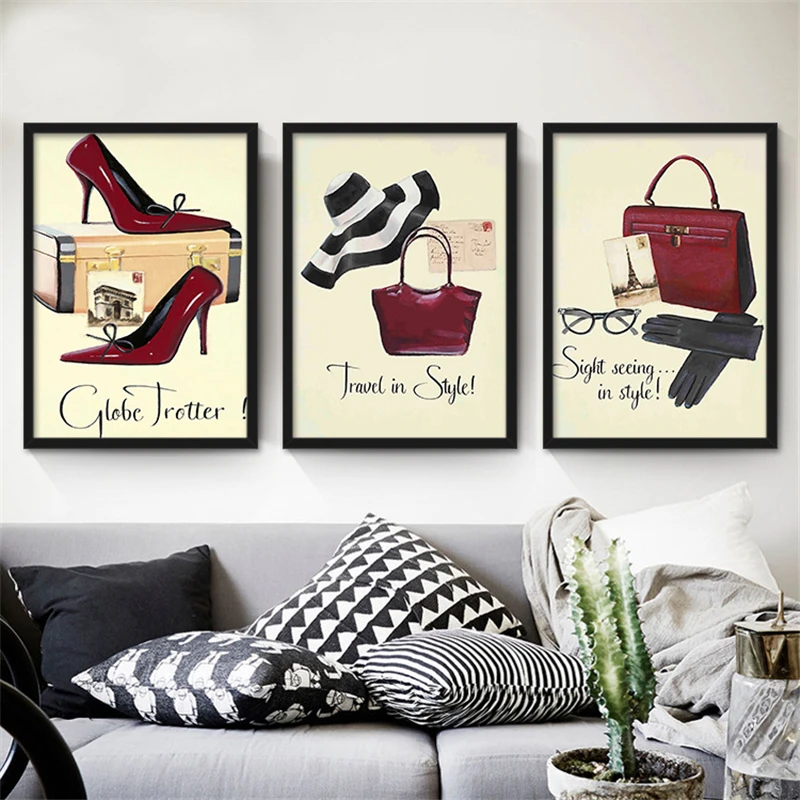 

Red High Heels Bags Perfume Canvas Mural Art Painting Fashion Clothing Store Style Nordic Wall Pictures for Shop Mall Women Room