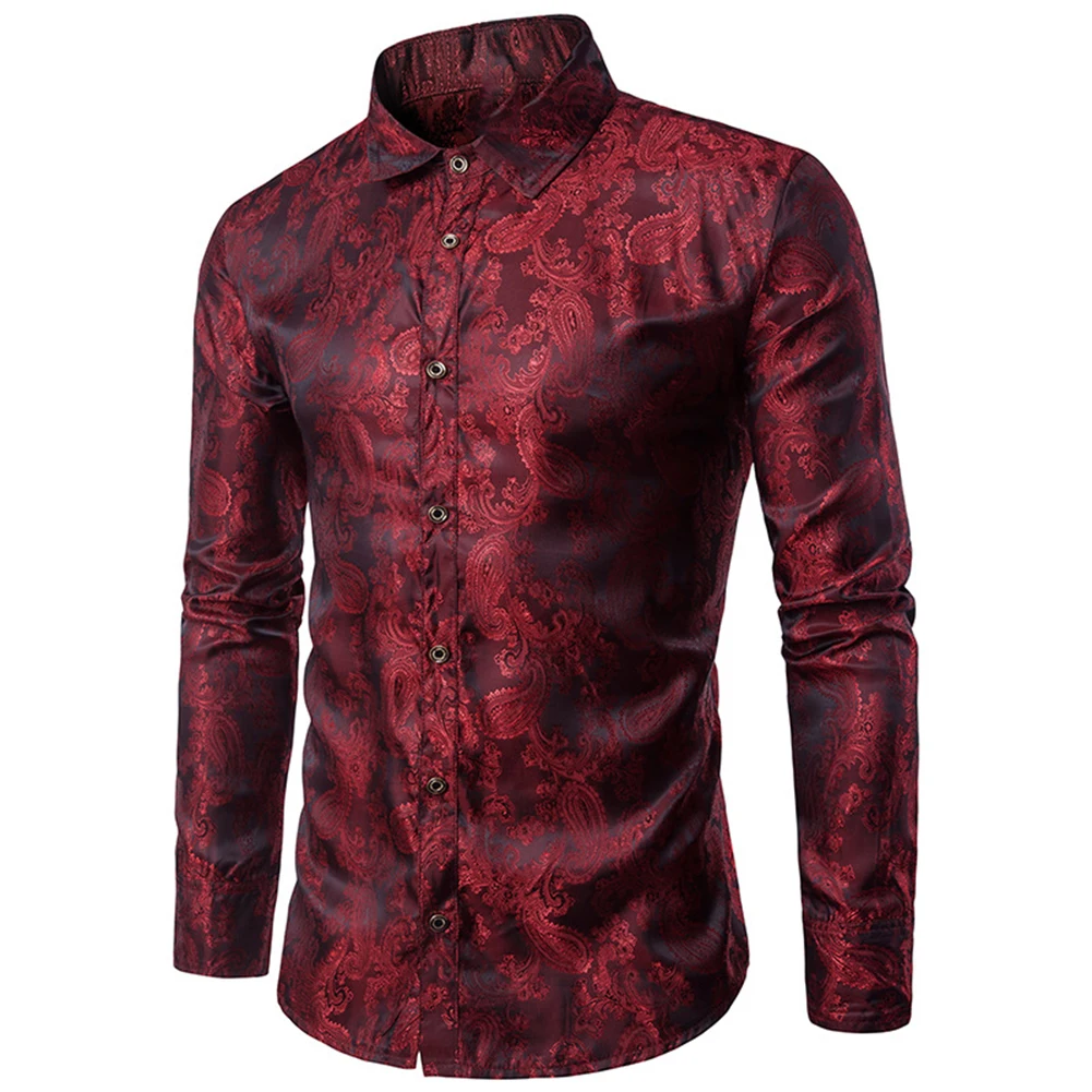 Модные мужские рубашки размера плюс с принтом пейсли, отложной воротник, рубашка с длинным рукавом, Приталенный топ - Цвет: Wine Red