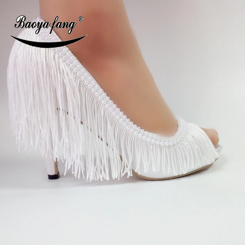 

BaoYaFang New Arrival White Tassels Fish Toe Womens Wedding Shoes 8cm/10cm High heels Pumps woman fashion shoes Peep Toe