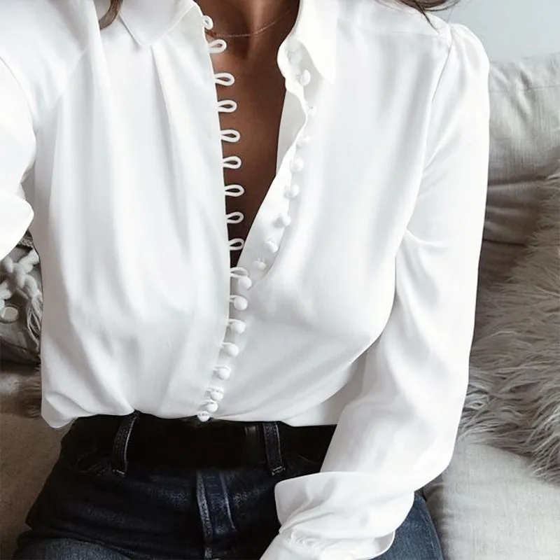 Топ Мода ZANZEA Blusas Повседневная однотонная блуза с отворотом и длинным рукавом на пуговицах Сексуальная женская элегантная деловая рубашка свободные пуловеры - Цвет: Off White