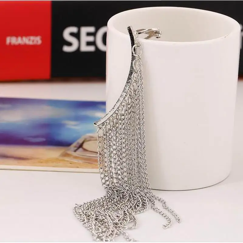 Punk Long tassel chain ear cuff clip earrings 1 Piece for woman gold silver color long chain ear hang hook earring jewelry